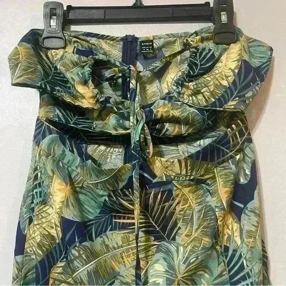 SHEIN VCAY Tropical Print Criss-Cross Strap Open Back Drawstring Thigh Slit M - Picture 7 of 11